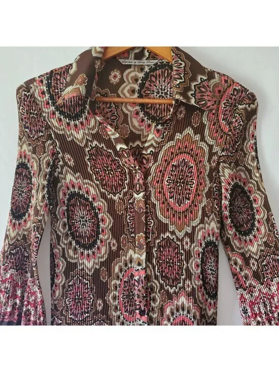 Signature By Larry Levine Crinkle Ruched 3/4 Bell Sleeve Vintage Blouse Sz Large - Picture 5 of 15